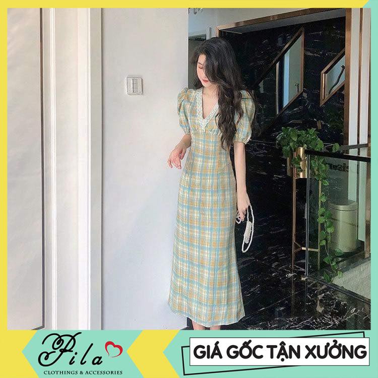 [Giá gốc tận xưởng] ĐẦM NỮ CARO CỔ LÁ SEN THỜI TRANG