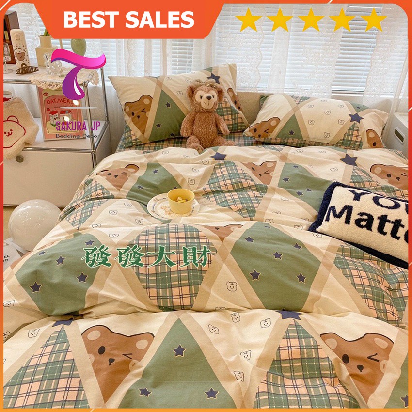 [RẺ VÔ ĐỊCH] Set Chăn Ga Gối Đệm Cotton Living 4 Món Gâu Nâu Ô Con Thoi  - Chăn Ga Cotton Living Sak