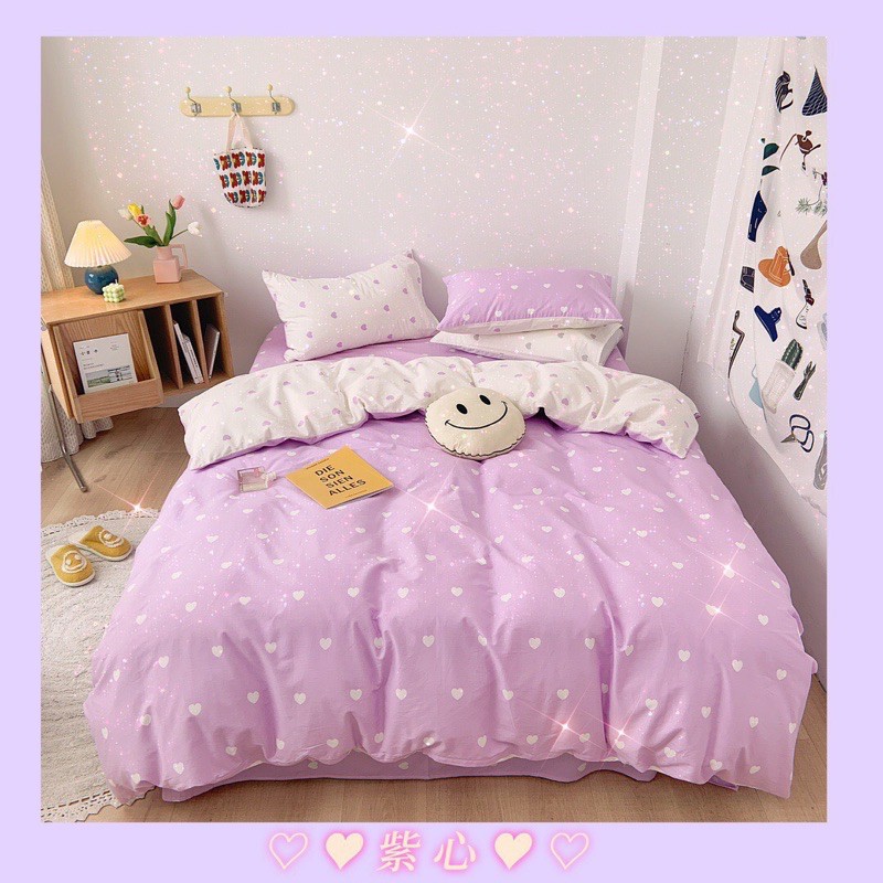 Bộ chăn ga gối cotton poly -mẫu trái tim tím trắng -luis bedding miễn phí bo chun theo kích thước