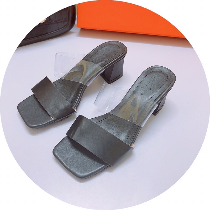 Dép cao gót 2 quai da lì phối trong mẫu mới gót vuông 6-7p