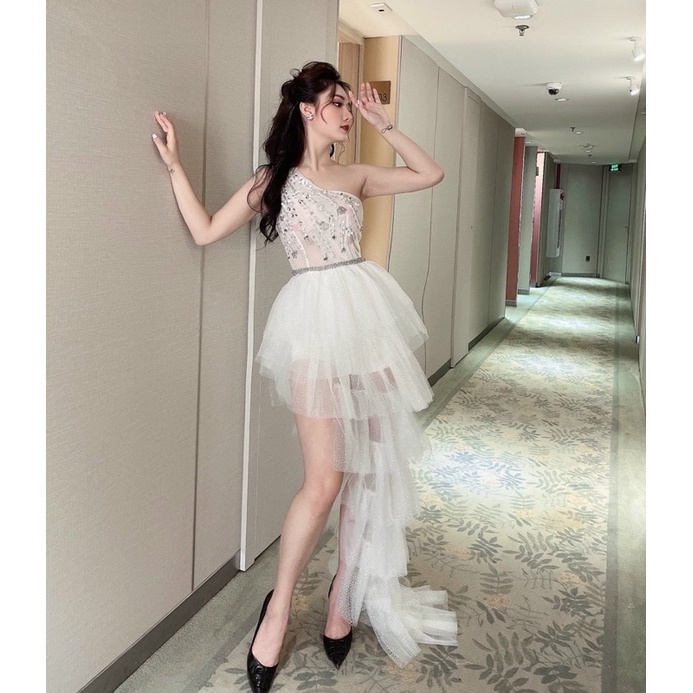 Đầm jum dự tiệc 1 vai xếp tầng kết cườm có quần trong dễ măc TRIPBLE T DRESS - size M/L - MS370V