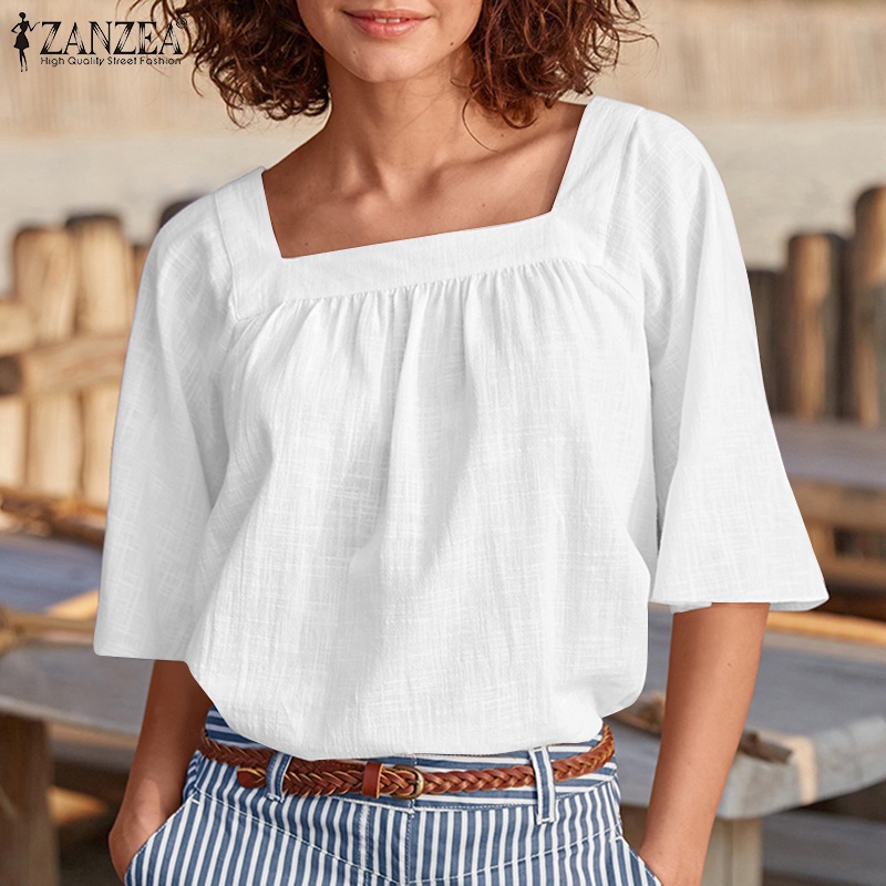 Zanzea Áo Kiểu Cổ Vuông Tay Loe Màu Trơn Phong Cách Bohemian Dành Cho Nữ
