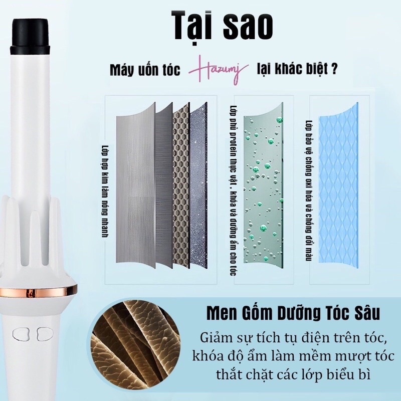 Máy uốn tóc xoăn sóng tự động HAZUMJ chính hãng, máy làm tóc tự xoay gốm sứ size 28 & 32 mm
