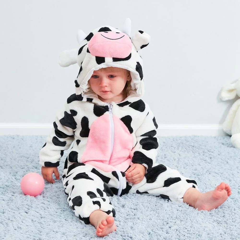 Bộ đồ ngủ áo liền quần hình chú bò phong cách hoạt hình dễ thương cho bé sơ sinh 0-36 tháng tuổi