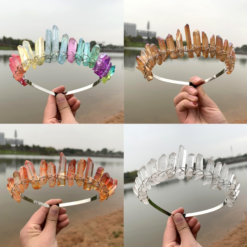 Flgo Băng Đô Cài Tóc Đính Đá Thạch Anh Tự Nhiên Màu Cầu Vồng Phong Cách Boho Cho Đám Cưới