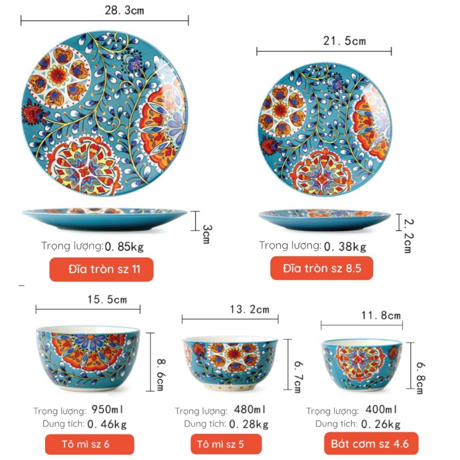 Bộ bát đĩa gốm sứ cao cấp họa tiết hoa lá rực rỡ nên xanh ngọc cực đẹp - An toàn sức khỏe
