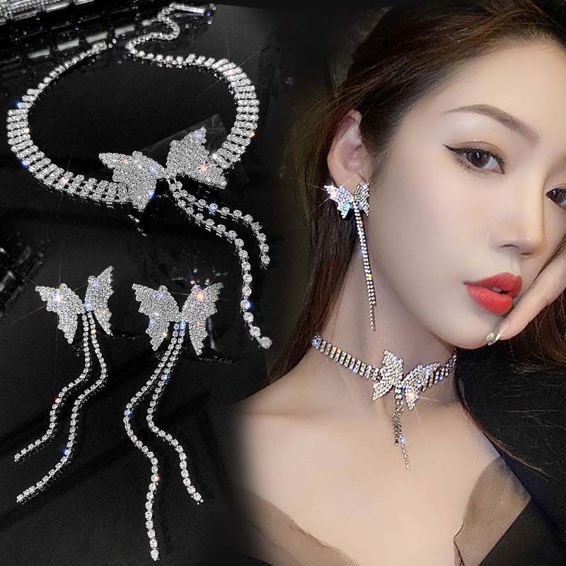 Set 2 Dây Chuyền + Bông Tai Mạ Bạc S925 Hình Bướm Đính Đá Sang Trọng