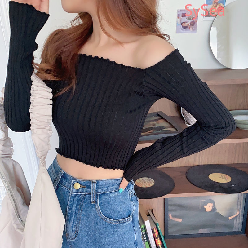 Áo Dệt Kim Tay Dài Trễ Vai Màu Tím Quyến Rũ Cho Nữ