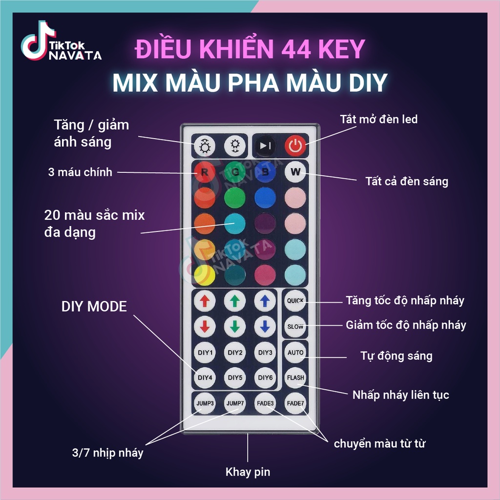 Đèn Led TikTok 5m Mix màu DIY Điều khiển 44 nút RGB Đèn trang trí phòng ngủ quay TikTok