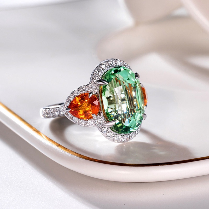 Nhẫn hở đính đá màu xanh lá cây và cam Tourmaline sáng bóng phong cách mới sang trọng