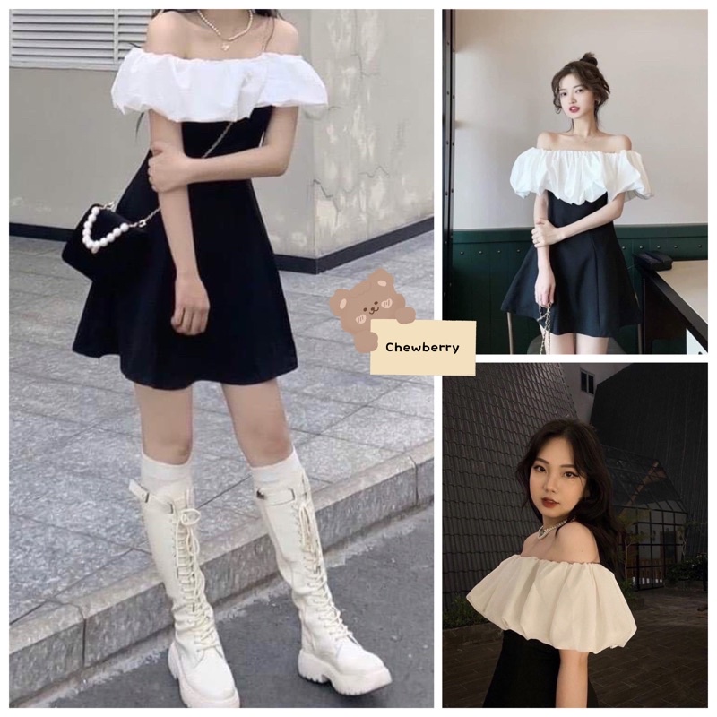 Váy Trễ Vai Phối Ngực Trắng Nữ Đầm Body Chữ A Đen Hở Vai Bánh Bèo Phối ĐEN TRẮNG