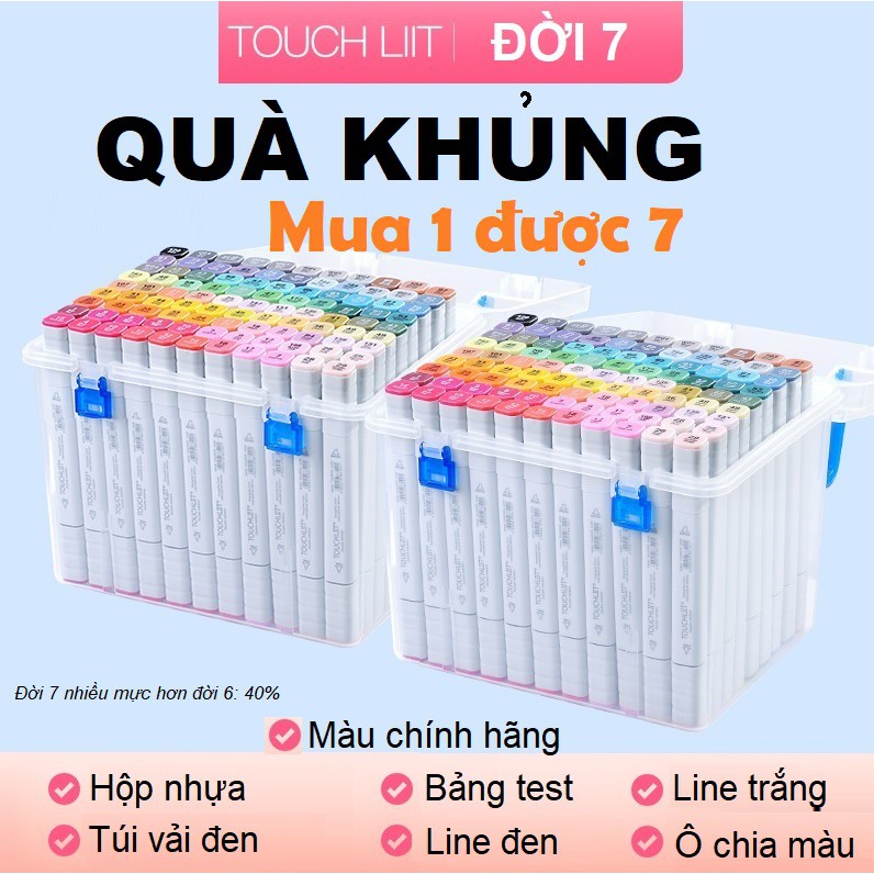 Màu marker touchliit 7 bút màu marker 30/40/60/80 hộp nhựa kèm quà touch liit cao cấp