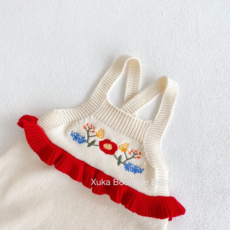 Set Bộ Áo Len và Yếm Len Cho Bé Màu Đỏ Cao Cấp Xuka Boutique Set Bộ Bé Gái - Quần Áo Len Bé Gái [Hình Thật]