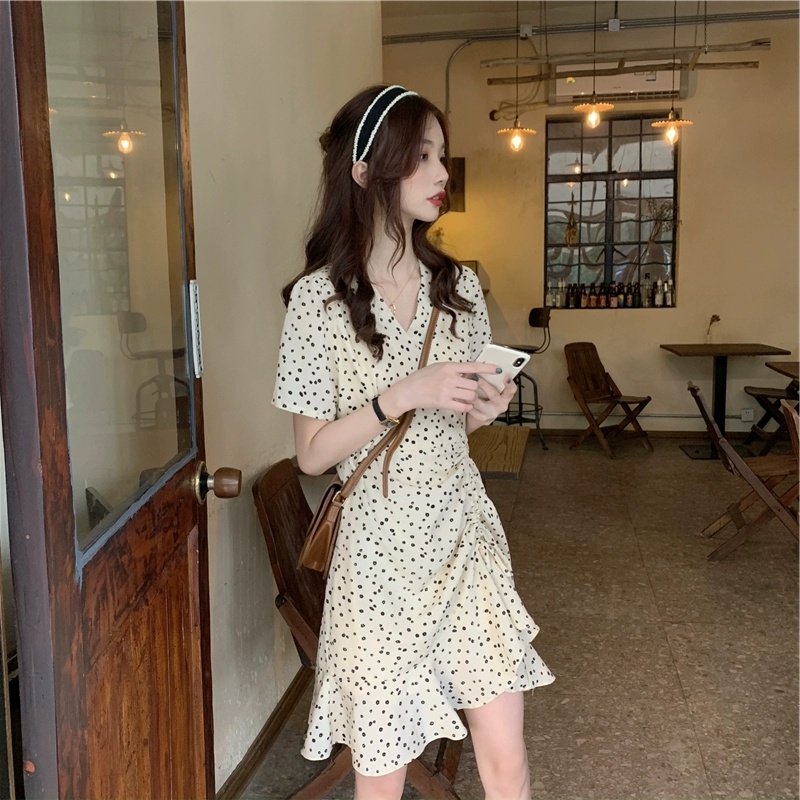 Đầm Tay Ngắn Cổ Chữ V Họa Tiết Chấm Bi Phong Cách Hàn Quốc Thời Trang Cho Nữ