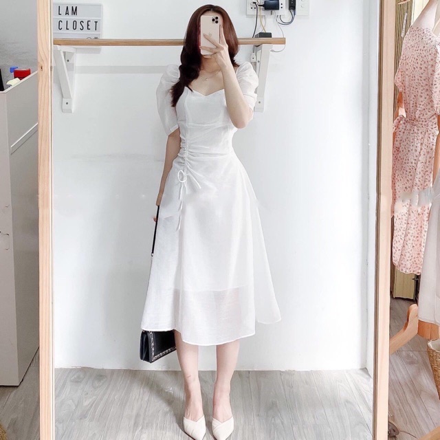 Đầm váy trắng cổ V tùng rút dây (kèm hình thật) | BigBuy360 - bigbuy360.vn