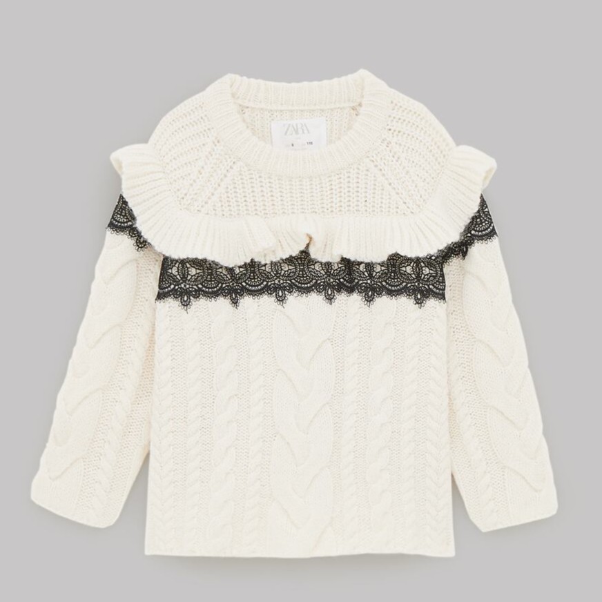 Zara Đức - Áo len sale auth new tag cao cấp chính hãng phối ren thêu bèo vai vặn thừng kid trắng