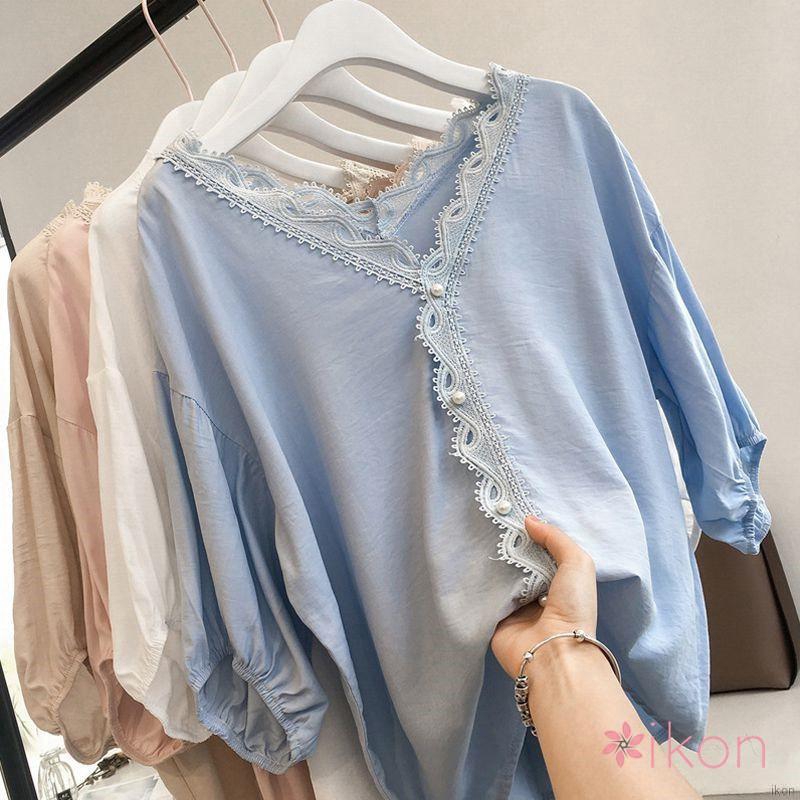 Áo cổ tim tay lửng bằng cotton pha trơn màu xinh xắn dành cho nữ