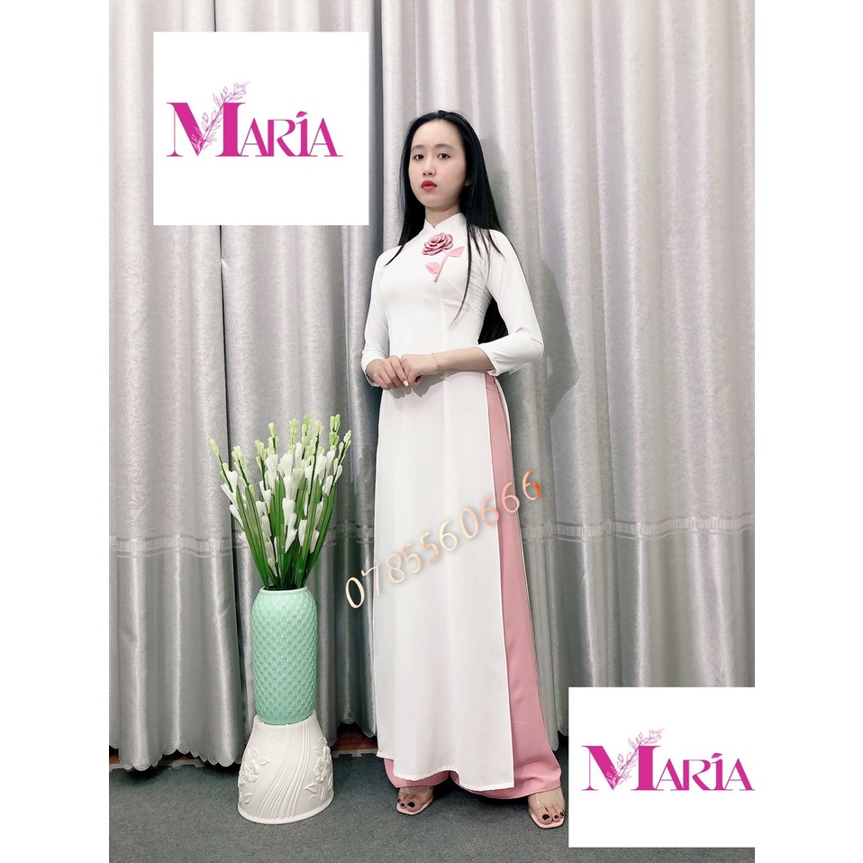 [𝐌𝐀𝐑𝐈𝐀] 𝙏𝙃ƯƠ𝙉𝙂 𝙃𝙄Ệ𝙐 ÁO DÀI 𝐓𝐑Ắ𝐍𝐆 LỤA MĨ họa tiết bông hồng kết hợp quần màu hồng nhẹ nhàng tinh tế