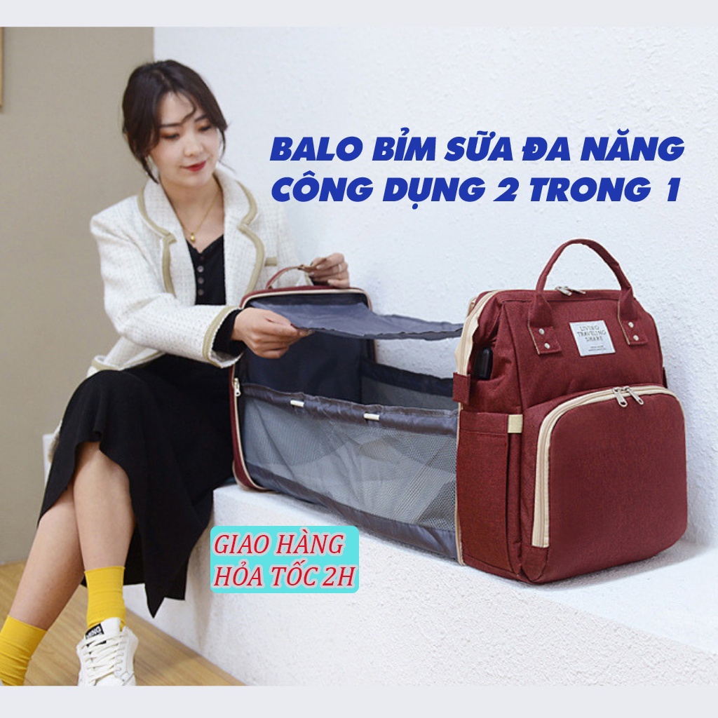 Balo bỉm sữa đa năng cao cấp cho mẹ và bé nhiều ngăn đựng chống thấm nước tiện dụng, có thể làm giường nằm cho trẻ Delux