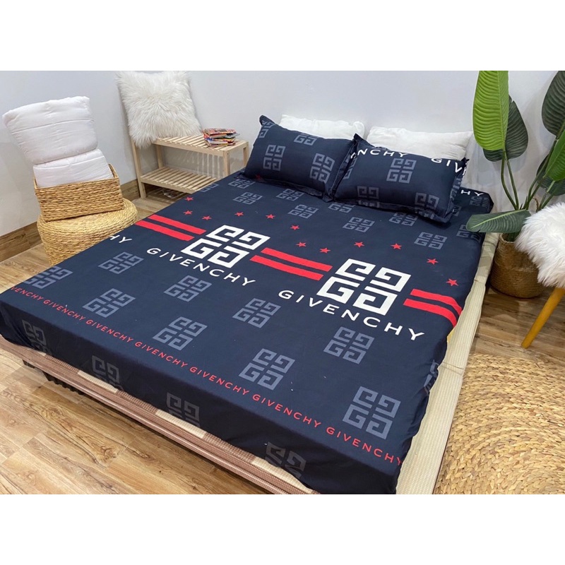 Trọn bộ 5 món chăn ga gối Poly set hè và set phao mẫu Givenchy đen