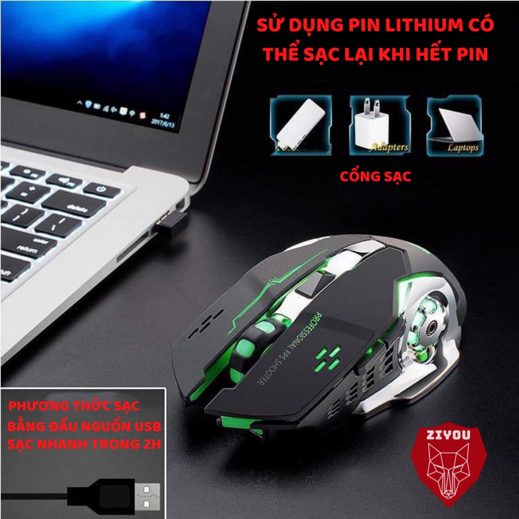 Chuột máy tính không dây Gaming ZIYOU X8 có đèn LED tự động đổi màu,có thể sạc lại, kết nối 2.4GHZ chuyên game