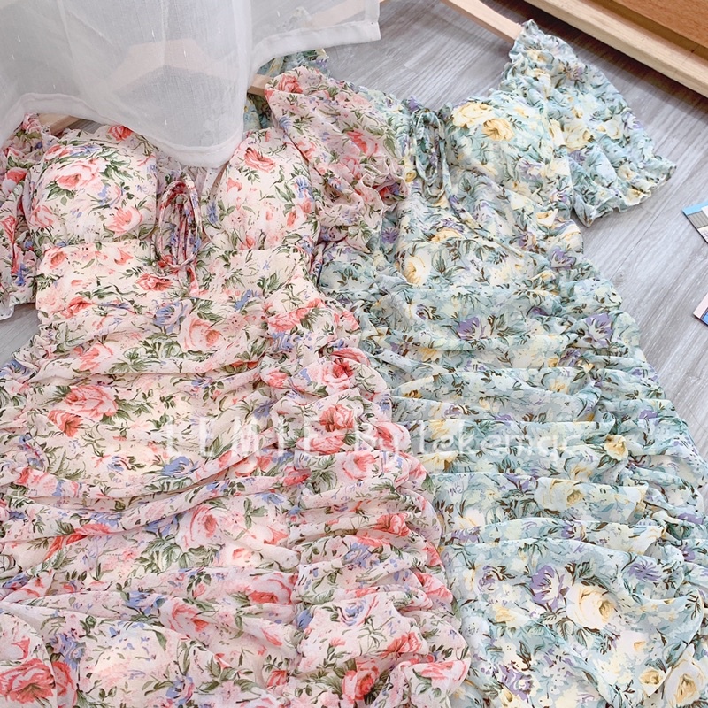 Váy Tơ Hoa Cổ Vuông Cúp Ngực Nhún Đuôi Cá Tiểu Thư Siêu Xinh , Đầm Hoa Mùa Hè V032