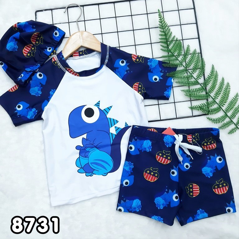 BỘ ĐỒ BƠI BÉ TRAI HỌA TIẾT KHỦNG LONG KÈM NÓN CHO BÉ TỪ 15-30KG