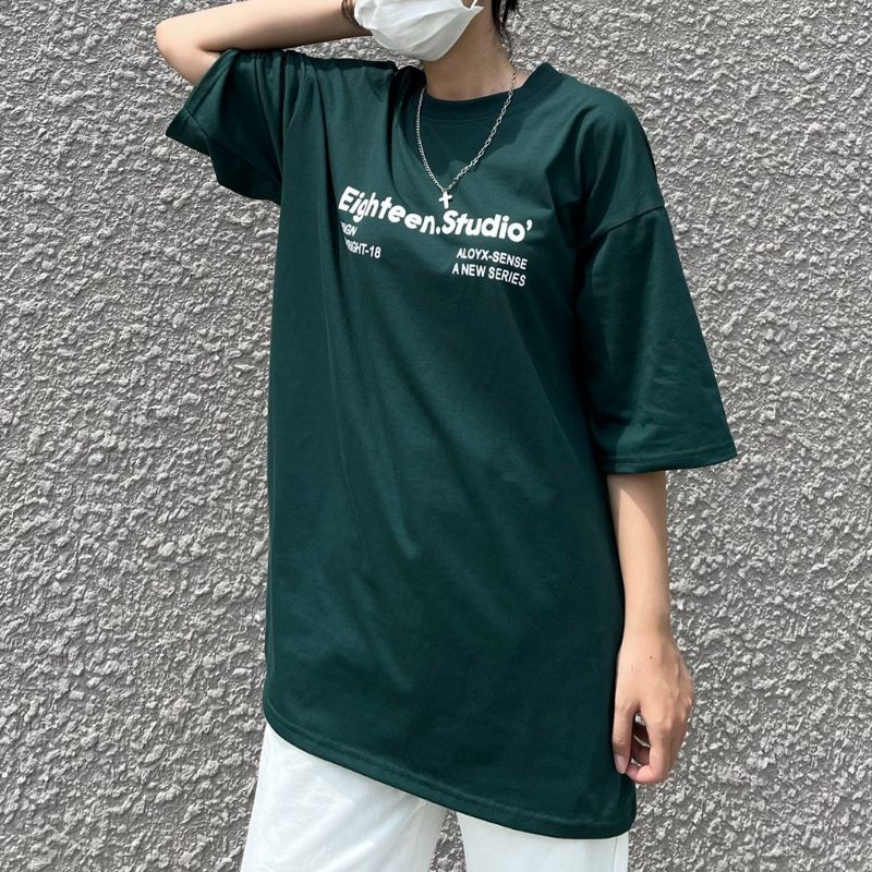 Áo Tay Lỡ Màu Xanh In Chữ Studio Phông Rộng Dáng Basic Nam Nữ