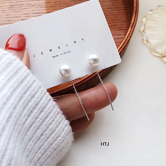 Bông tai bạc nữ gắn hạt châu dài xinh xắn - Khuyên tai Bibi silver - BBS
