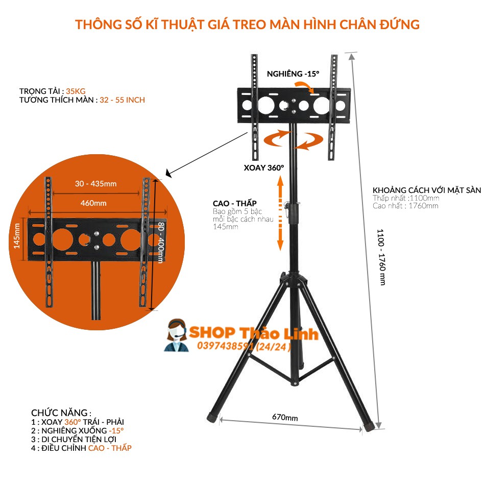 Giá Treo Màn Hình 3 Chân Đứng 32 - 55 Inch - Giá Treo Tivi Di Động - Tùy Chỉnh Đa Năng