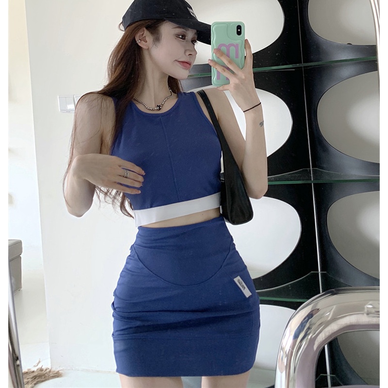 Set Áo Camisole + Chân Váy Lưng Cao Dáng Ôm Chất Liệu Co Giãn Trẻ Trung Năng Động