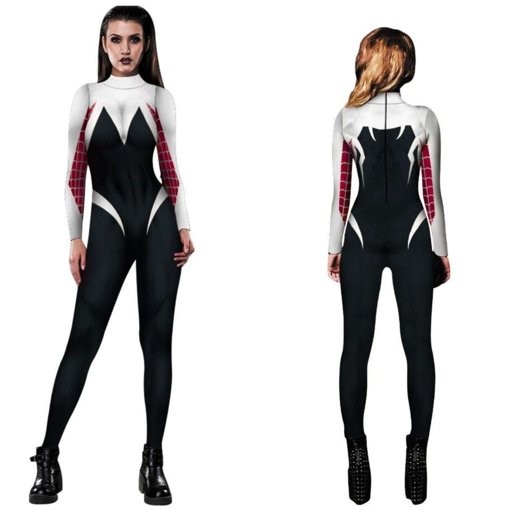 Adult Spiderman Iron Man Bodysuit Cosplay Costume Women Slim Digital Print Jumpsuit Spidergirl Cosplay Girl Women Halloween Costume