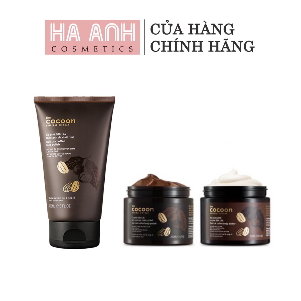 Bộ sản phẩm Cocoon cà phê làm sạch da chết và dưỡng ẩm cơ thể mềm mịn