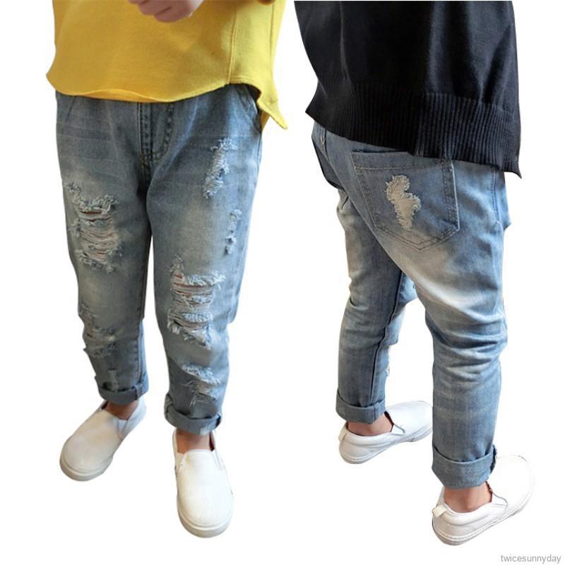 Quần denim dài thiết kế rách gối cá tính thời trang dành cho bé gái