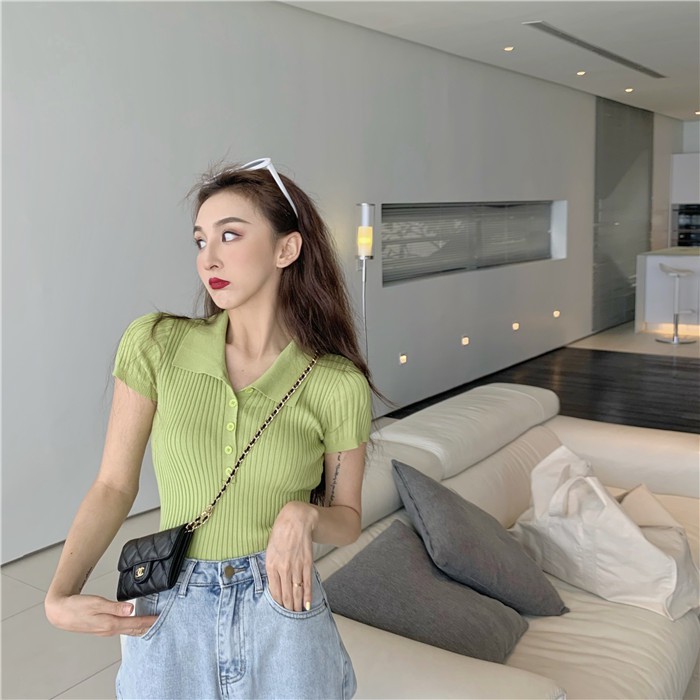 Cocory vn Áo tay ngắn dệt kim cổ polo trẻ trung quyến rũ cho nữ
