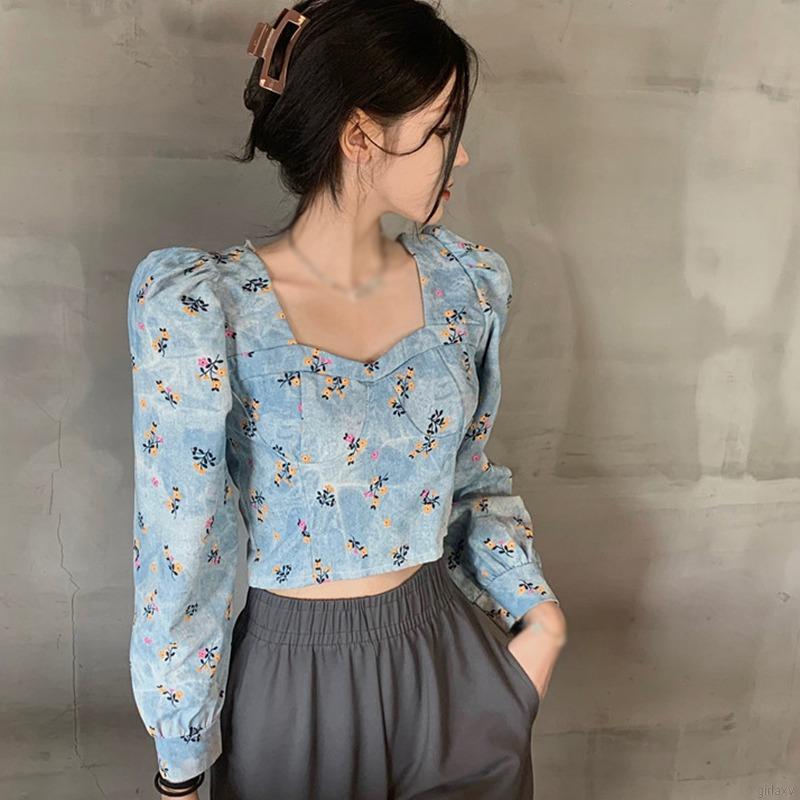 Áo kiểu tay dài cổ vuông họa tiết hoa phong cách retro Hàn Quốc xinh xắn thời trang cho nữ | BigBuy360 - bigbuy360.vn