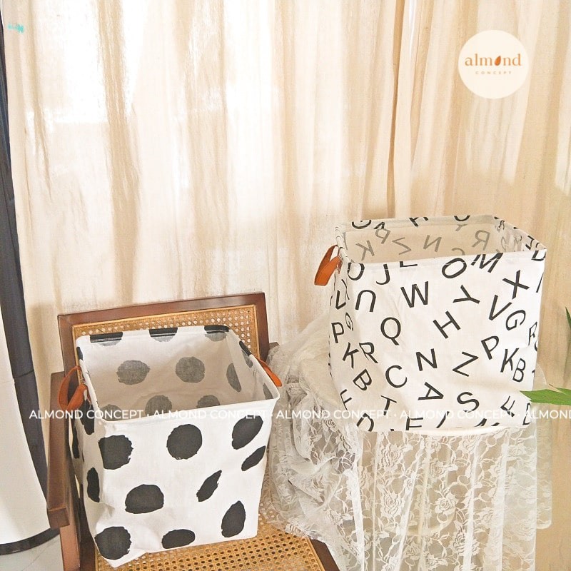 Giỏ Vải Bố Canvas Quai Da Phong Cách Hàn Quốc 33X33cm, đựng quần áo, đồ cá nhân, văn phòng - almondconcept