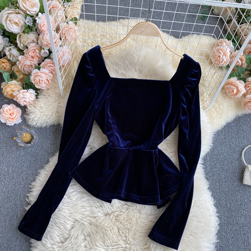 Áo sơ mi nhung cổ thuyền gợi cảm áo peplum tôn dáng A525