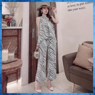 Set áo cổ yếm mix quần ống rộng chất tơ tằm mềm mát, set quần áo nữ form rộng xịn sò