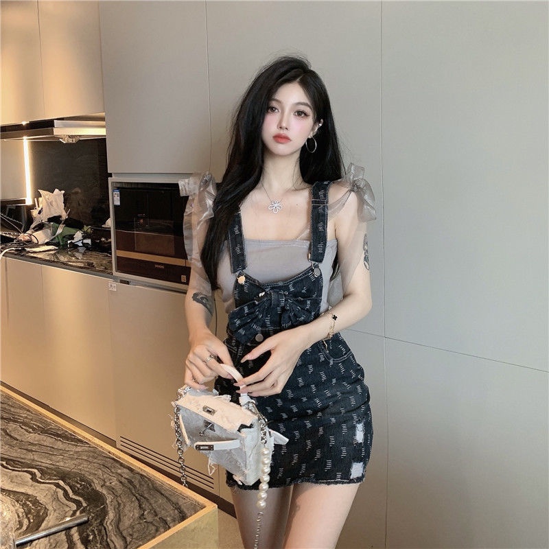 DoggyQin denim strap skirt women's summer 2021 new short style skirt short temperament suit suspender dress