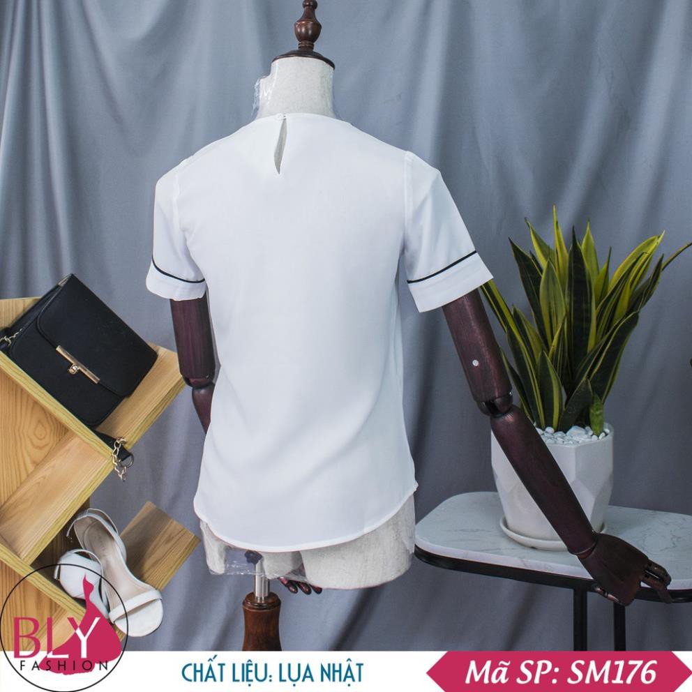 Áo sơ mi nữ cổ lệch màu trắng, tay ngắn công sở dáng suông, chống nhăn chống xù Bly Fashion Mã SP: SM176  ྇