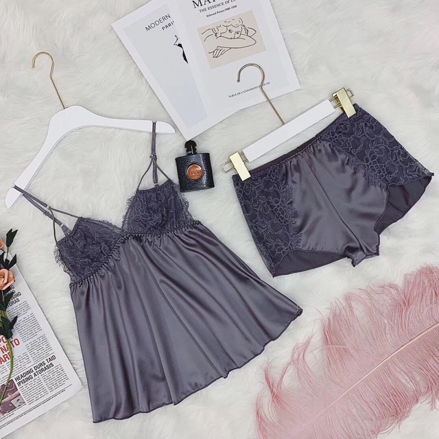 Bộ ngủ đùi dây tam giác ngực lụa _ Set ngủ Lụa tơ Tằm Gợi cảm