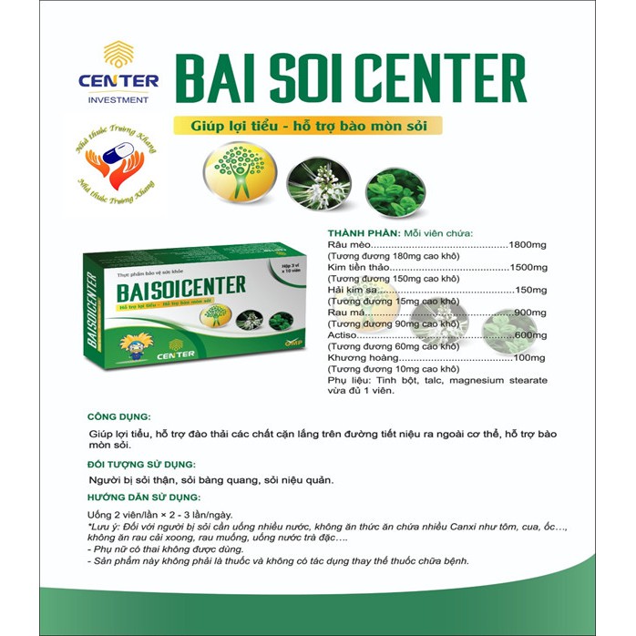Bài Sỏi Center -30 viên Giúp lợi tiểu, lợi niệu bài sỏi ngừa và suy giảm sỏi thận, sỏi bàng quang, sỏi túi mật, sỏi ống.
