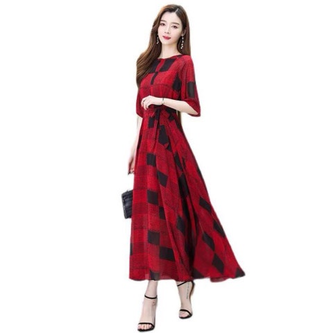 Đầm Xòe Dài Qua Gối Vải Lụa Mát Họa Tiết Kẻ Sọc Caro Phong Cách Pháp Thời Trang Mùa Hè 2022 Mới