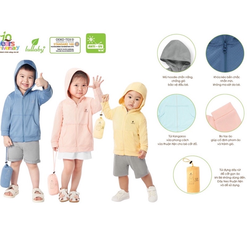 Áo khoác Chống nắng LULLABY  2 lớp chống nhiệt cho bé trai bé gái Lulaby made in việt nam(2-5y)