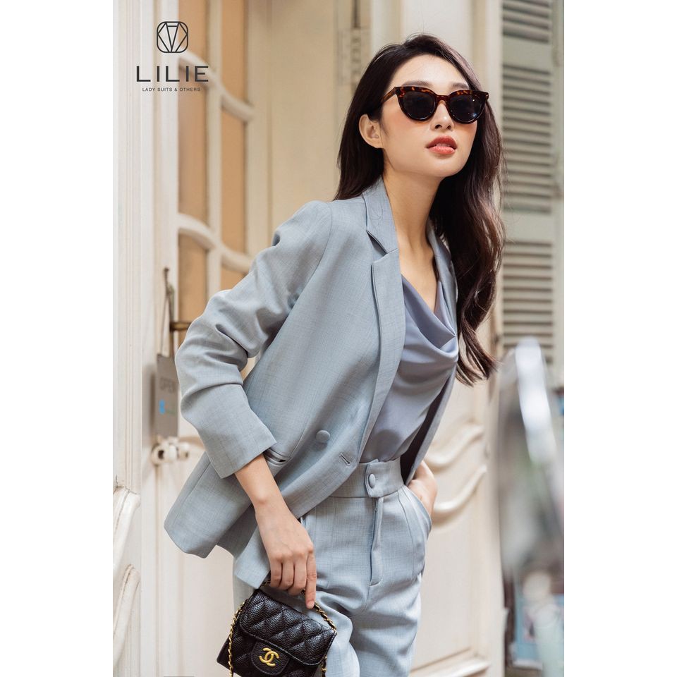 Set Blazer xám xanh 4 cúc dáng ngắn + quần baggy by Lilie | BigBuy360 - bigbuy360.vn