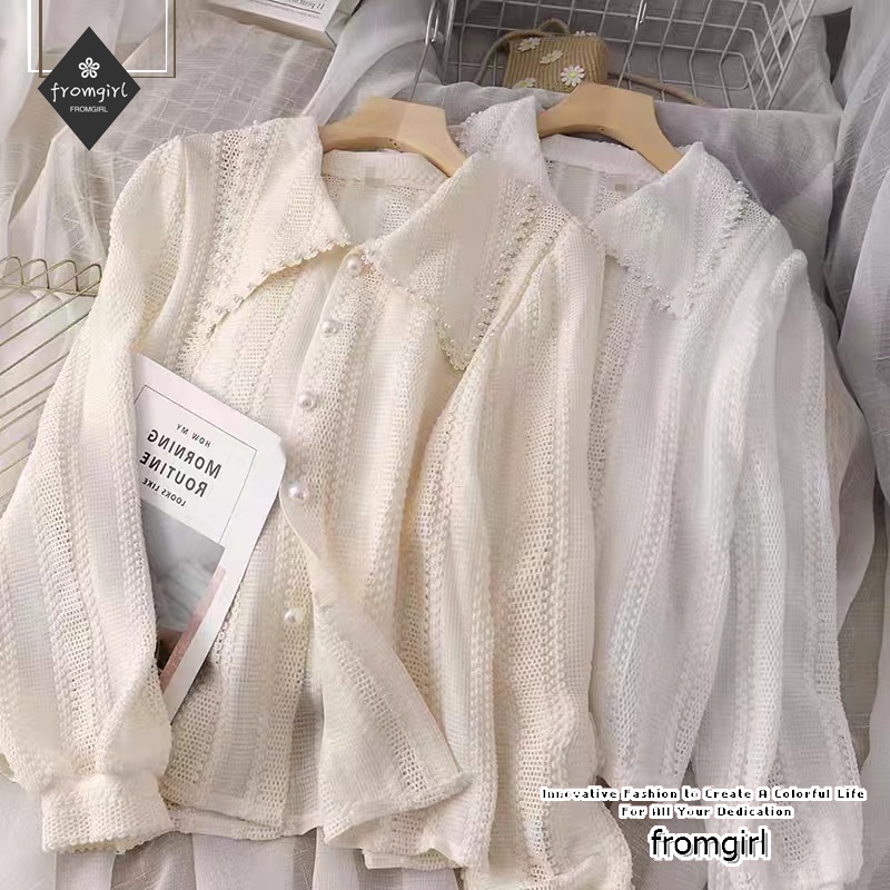 Áo Sơ Mi Voan Cổ V Màu Trắng Phối Ren Thời Trang Cho Nữ