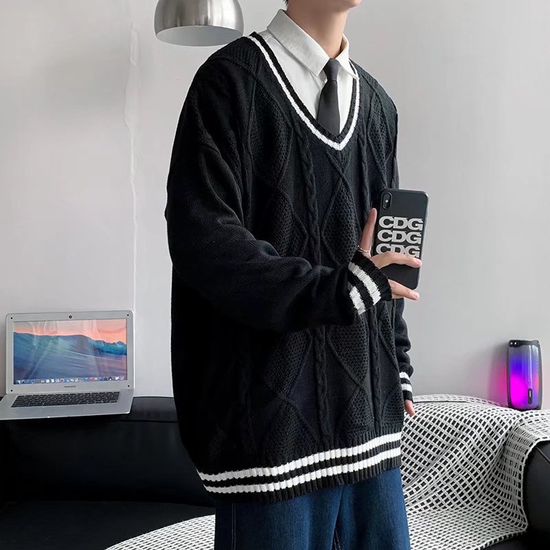 Áo sweater dệt kim tay dài cổ chữ V dáng rộng phong cách Nhật Bản cho nam