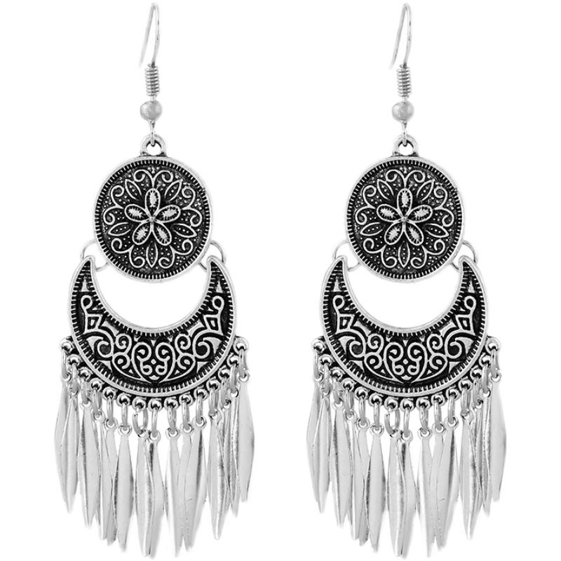 Khuyên tai bohemian dạng thả in hoa văn dân tộc - Maben
