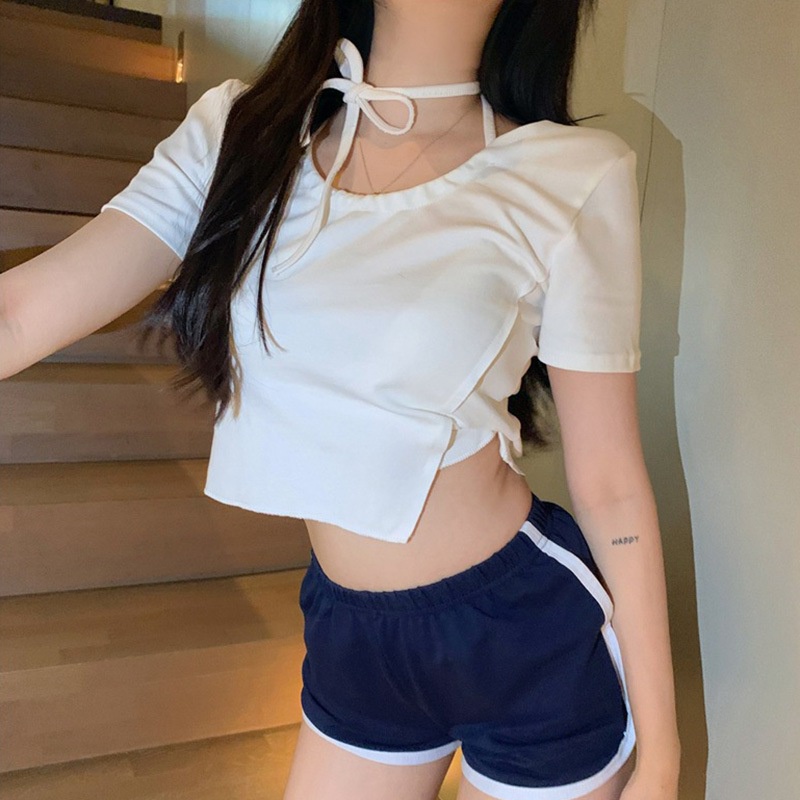 Áo Thun Crop Top Tay Ngắn Màu Trắng Thiết Kế Quyến Rũ Thời Trang Mùa Hè